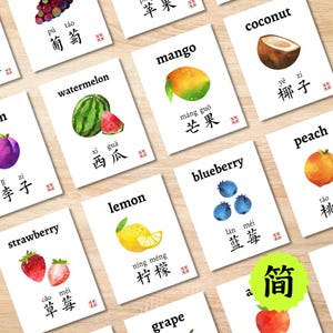 Frutta Cibo Flashcard cinese Carte bilingui per bambini Pinyin semplificato Mandarino Scuola domiciliare Scuola materna stampabile digitale 水果食物双语中文简体拼音闪卡卡片