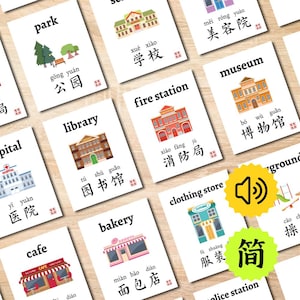 May include: A collection of white educational flashcards featuring illustrations of buildings like a library, fire station, and bakery. Each card displays the English word, Chinese characters, and pinyin pronunciation for various community locations.