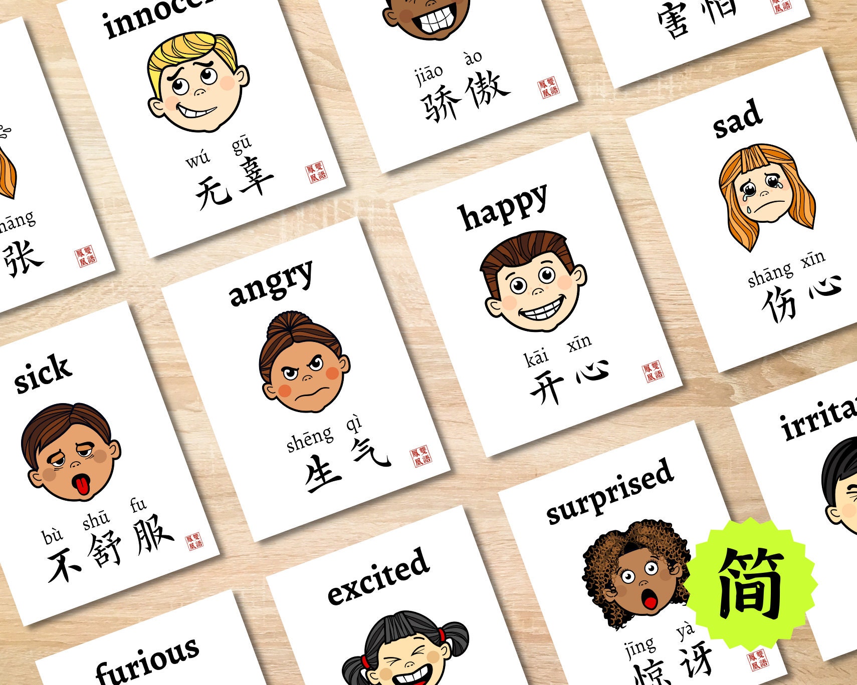 Emotions Feelings Flashcards Chinese Feelings Cards Kids Expressions