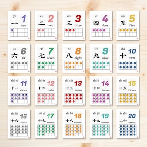 May include: A set of 20 colorful flashcards with Chinese characters and numbers 1 through 20. Each card has a grid with dots representing the number. The cards are white with black borders.