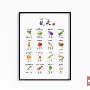 Chinese Vegetables Poster, Bilingual Simplified Mandarin Food Veggie Homeschool Print, Kids Preschool Nursery Printable Wall Art 中文水果食物海报挂画