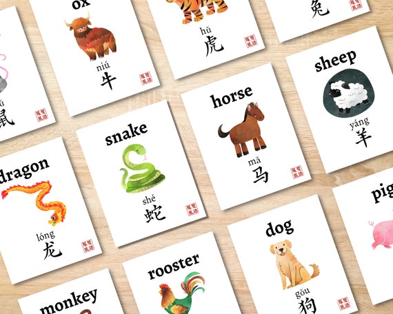 Chinese Zodiac Animals Signs Flashcards Kids Bilingual Cards - Etsy Chinese Zodiac Animals Signs Flashcards Kids Bilingual Cards - Etsy