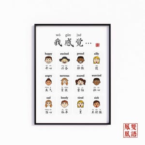 Poster di emozioni e sentimenti in cinese semplificato bilingue, stampa in mandarino per l'asilo nido scolastico, stampabile per bambini in età prescolare 双语简体中文拼音情绪感受海报挂画