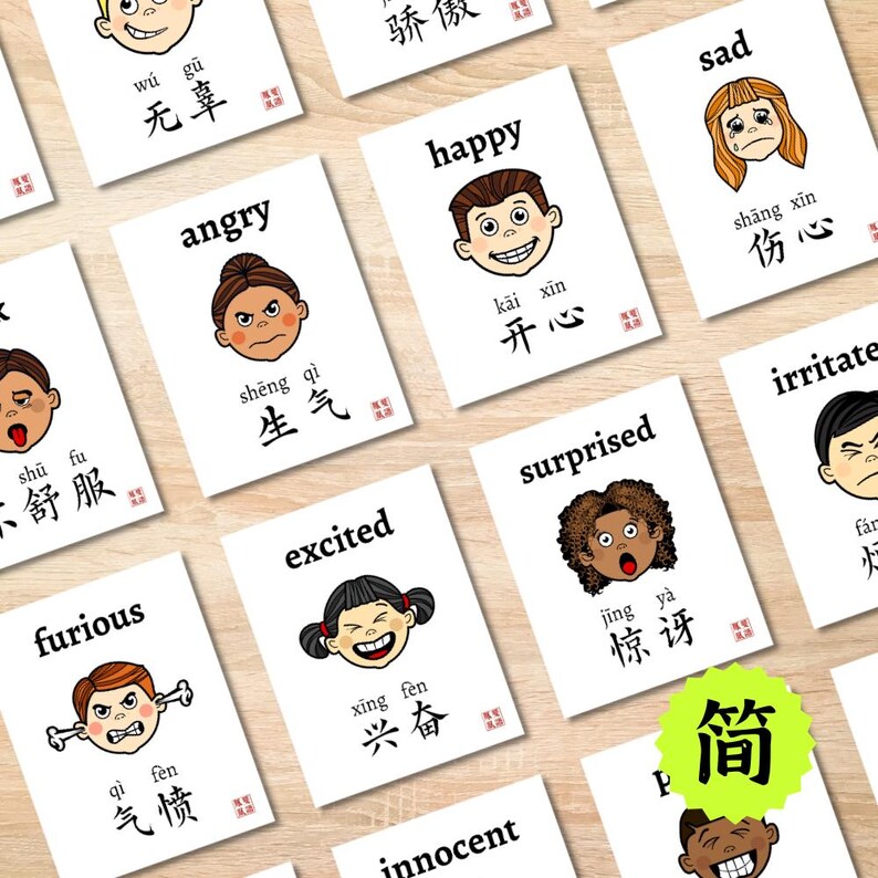 Emotions Feelings Flashcards Chinese Feelings Cards Kids Expressions ...