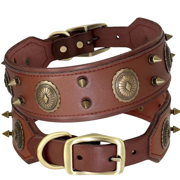 Genuine Leather studded Dog Collar for Big Dogs Wide Real Leather Dog Collars for Medium Large Dogs Pitbull German Shepherd