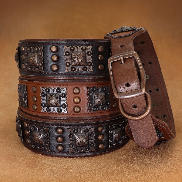 Genuine Leather studded Dog Collar for Big Dogs Wide Real Leather Dog Collars for Medium Large Dogs Pitbull German Shepherd