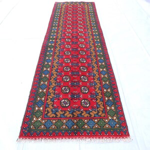 2&#39;8x9&#39;5 Red Runner rug, Afghan Handmade Soft Pile Wool Runner rug, Turkmen Bukhara Rug, Long Hallway Runner, Stairs Runner, Oriental Carpet
