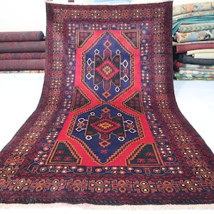 Alfombra étnica baluchi vintage, alfombra afgana de lana hecha a mano de 4 x 7 pies, alfombra tribal turcomana, alfombra geométrica antigua, alfombra para dormitorio, alfombras para cocina