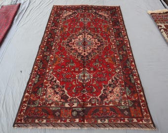 Antique Caucasian Area Rug 4x7 Ft/ Red Turkoman Handmade Soft Wool Rug/ Collectible Bedjar Rug/ Handmade Wool Rug/ Oriental Turkmen Carpet