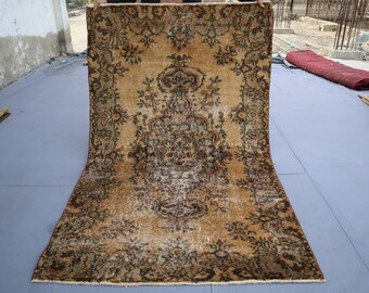 1920s Antique 4'1x6'6'' Rug Terracotta rug, Afghan Bukhara Distressed Faded Rug, Hand Knotted Wool Rug, Turkmen Tribal Rug, Low Pile Old Rug