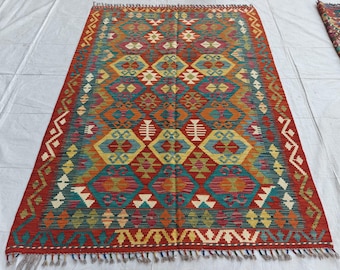 5x7 Ft Flatweave Kilim Area Rug / Afghan Authentic Veg dyes Wool Reversible Rug for Living room bedroom rug / Boho Kilim / Oriental Kilim Ru