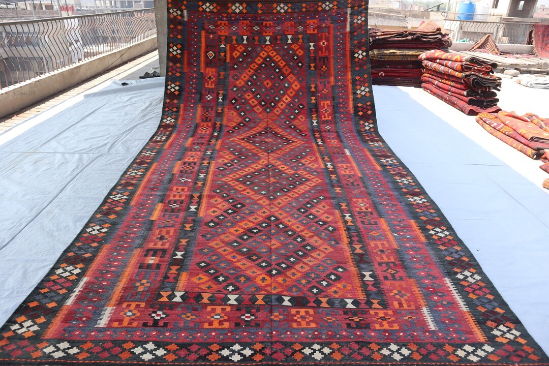 Large Vintage Kilim Area Rug, Handmade Afghan Rug, 7'7x15'2 Ft ...