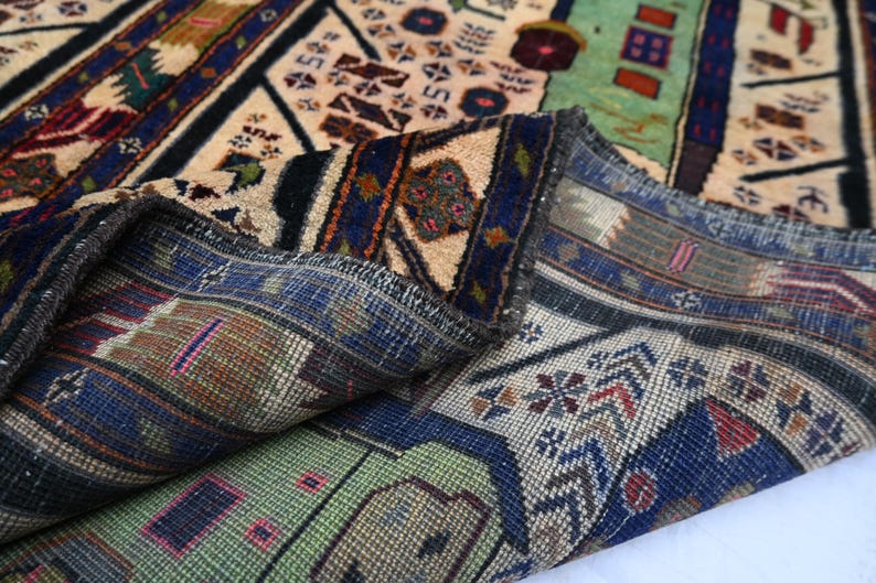 4x7 Ft Vintage Pictorial Car Rug, Hand Knotted Art Decor Carpet, 1950s ...