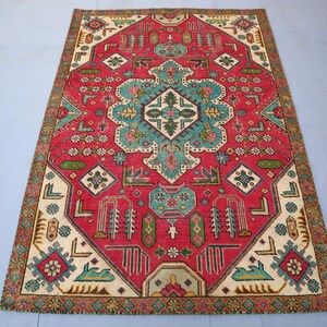 Tappeto Ziegler di lusso - Tappeto boho, 110x160 cm - Tappeto rosso beige - Tappeto turkmeno fatto a mano - Tappeto in lana - Tappeto per camera da letto - Pelo corto - Tappeto 110 x 160 cm