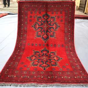 Vintage Rug 3x4 ft. Turkmen Red Bukhara rug 3x4 Afghan Handmade Wool Area Rug/ Khal Muhammadi Oriental Rug/ Rug for Bedroom/ Office Area Rug