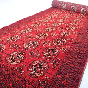 Antique 13 ft Runner Rug - Afghan Handmade Wool Bukhara Runner - Hallway Runner Rug - Kitchen Runner - Geometric Red Carpet - Runner Rug 13
