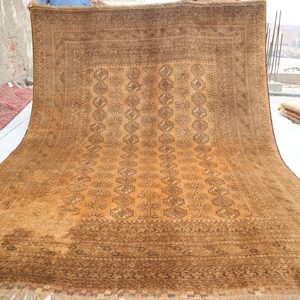 7x9 Large Brown Rug, Terracotta Old Geometric design Bukhara Rug, Afghan Handmade Wool Rug, Low Pile Distressed faded Rug, Living Room Rug