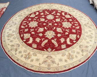 8x8 ft Round Area Rug Afghan Hand Knotted Wool Rug, Tribal Turkmen Rug, Red Tribal Afghan Rug, Rugs For Living Room, Handmade Round Area Rug