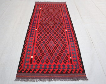 3x7 ft Vintage Kilim Area Rug / Red Afghan Authentic Geometric Ghalmoori Kilim Rug / Natural dyes Wool Rug, Rug for Living room, Bedroom Rug