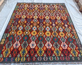 Afghan Kilim Rug 8'5x9'7 ft Natural Wool Geometric Green rug/ Multi Color design/ Flatweave Rug/ Oriental Rug/ Turkmen Rug/ Bedroom Carpet