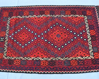 4 x 7 Fuß antiker Ghalmoori-Kelim-Teppich, 3'7 x 6'8 Fuß, afghanischer handgemachter Flachgewebe-Stammes-Turkmenen-Teppich in feiner Qualität im persischen Stil - Büroteppich - Kinderzimmerteppich