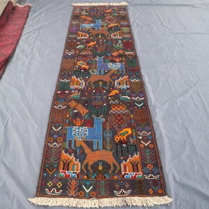 9 ft Runner Rug 2&#39;8x9&#39;2 ft Handmade Pictorial Vintage Rug, Oriental Afghan Wool Rug, Peacock Birds Trees Rug, Kids Room, Hallway runner rug