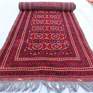 3x13 Red Runner Rug, Vintage Bukhara Runner rug, Afghan Handmade Wool Rug, Waziri Antique Turkmen rug, Hallway runner rug, Oriental Boho Rug