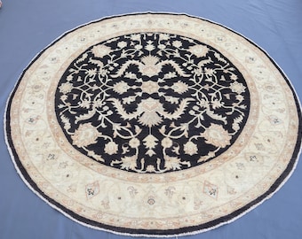 6'5x6'7 Afghan Round Rug - Hand knotted Veg Dye Wool Large Circle Rug - Round Bedroom Rug - Rugs for Living Room - 7x7 Dining Table Carpet