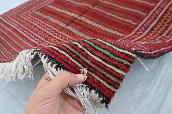 Afghan Antique Flatweave Kilim Rug 4'8 x 6'8 ft Turkman Handmade Wool Rug -Trible Striped Area Rug - Bedroom Rug - Office Rug - Kitchen Rug