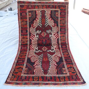 3&#39;5x5&#39;10 ft Afghan Vintage Rug, Baluchi Caucasian design Antique Rug, Handmade Wool Area Rug, Bedroom Rug, Living Room Rug, Oriental Red Rug