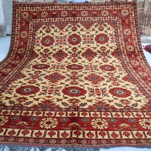 10x13 ft Large Red Beige Handmade rug, Afghan Bokhara Soft Geometric wool pile Rug, Oriental woven carpet, tribal Afghan Rug, Bedroom carpet