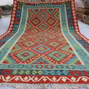 7x10 Afghan Handmade Large Kilim Area Rug - 6&#39;6x10&#39;2 Orange Red Blue Authentic Geometric Kilim Natural dyes and Wool - Rugs for Living room