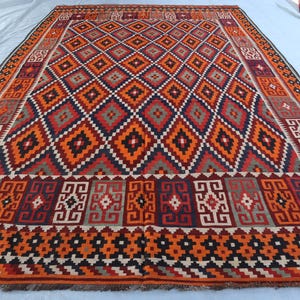 7&#39;6x14&#39;3 ft Afghan Large Kilim Area Rug, Vintage Handmade Wool Rug, Antique geometric Area Rug, Turkmen Rug, Rug For Living Room, Dining Rug