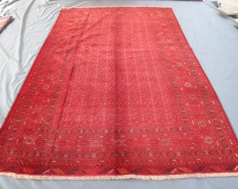 Afghan Bokhara Large Rug, 6x10 Ft, Turkmen Tribal Ersari Rug, Vintage Handmade Wool Red Rug, Oriental 6.2x9.8 Rug, Living Room Area Carpet