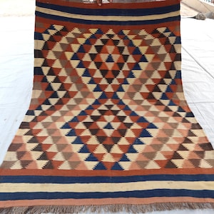 Vintage Afghan Kilim Rug, 4&#39;7x6&#39;3 ft Antique Faded Geometric Kilim Rug, Oriental Turkmen Handmade Wool Rug, Ghalmoori Soumak Rug Bedroom Rug