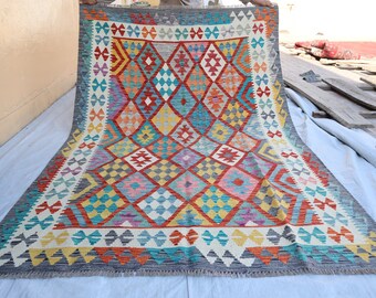 Afghan Handmade Kilim Rug, Fine Quality Afghan Hand Woven Wool Rug, Turkman Tribal Veg Dyes Rug, Turkish Boho Kilim Rug, Living Room Carpet