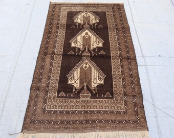 3x5 ft Terracotta Rug 1920s Antique Rug/ Afghan Handmade Wool Rug/ No Pile Distress Rug/ Turkmen Tribal Rug/ Bedroom Rug/ Brown Baluchi Rug