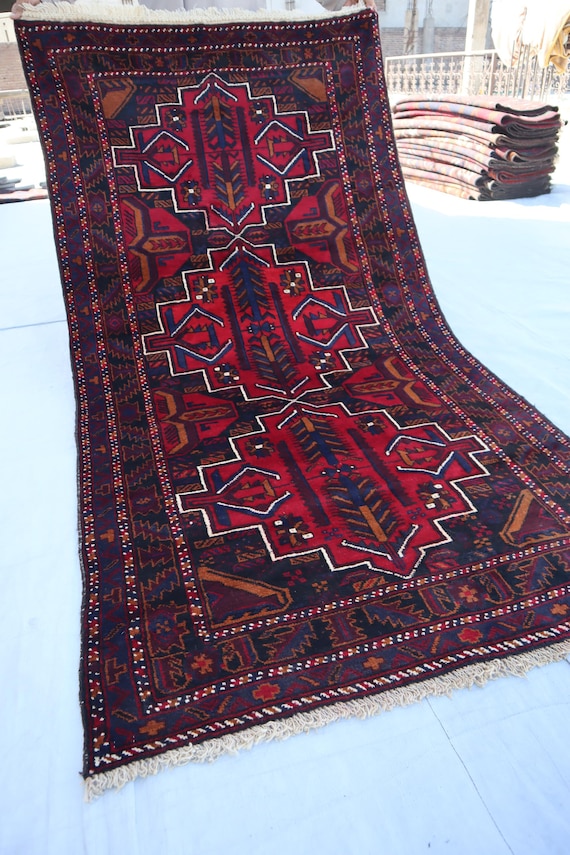 Afghan Vintage Baluchi Rug 4x7 Ft Handmade Wool Area Rug- Turkmen