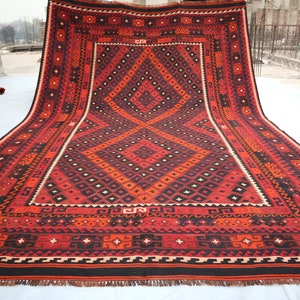 8x13 ft Large Vintage Handmade Afghan 100% Wool Traditional Rug, Turkmen Flatweave kilim rug, Rugs For Living Room, Boho Outdoor Red Carpet