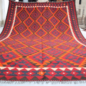 1930s Antique Rug 7x10 ft Terracotta Vintage faded Afghan Flatweave Geometric Kilim Rug, Handmade Wool Area Rug, Turkmen Tribal Boho Carpet