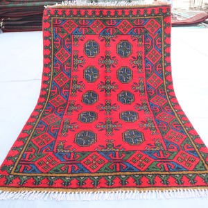 3x4 ft Bukhara Rug, Afghan Handmade Soft Wool Rug, Turkmen Red Bokhara Rug, Geometric red Rug, Living Room carpet, Bohemian Rug, Bedroom Rug