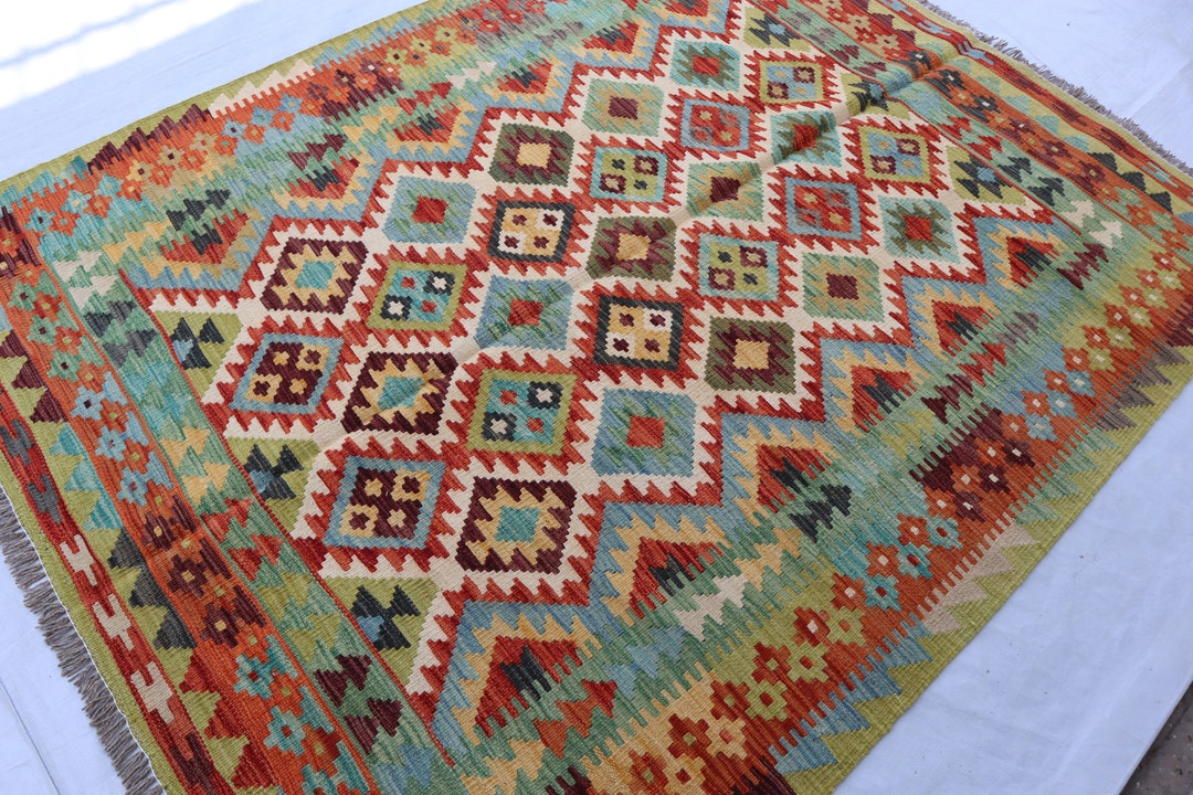 Muted Green 5x7 Kilim Area Rug/ 5'4x7'0 Afghan Authentic Geometric