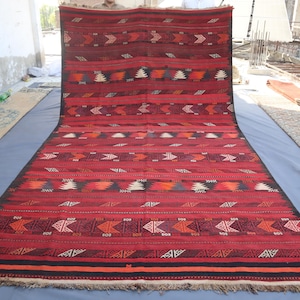 Antique Kilim Rug 7x14 ft Terracotta Red Vintage faded Afghan Handmade Wool Rug, Flat weave Geometric Rug, Living Room Rug, Dining Room Rugs
