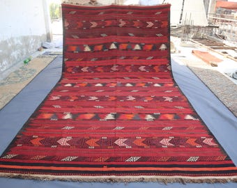 Antiek kelimtapijt 7 x 14 ft terracottarood vintage vervaagd Afghaans handgemaakt wollen tapijt, plat geweven geometrisch tapijt, woonkamertapijt, eetkamertapijten