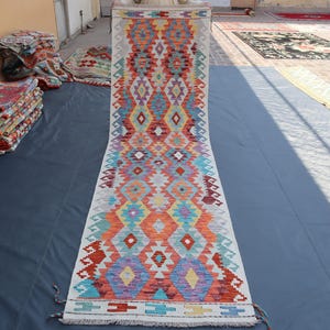 3x10 ft (85x300) Handmade Kilim Runner Rug | Cream Beige Olive Teal Chocolate Sky Blue Grey Lilac Tan Brick Red | Turkish Kilim Rug | Halway