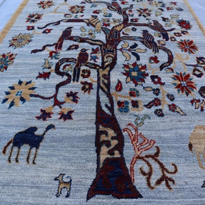 3x5 ft Cypress Tree Area Rug - Light Gray Afghan Fine Hand knotted Veg Dyes Wool Rug - Rugs for living room - Bedroom rug - Tree of life rug