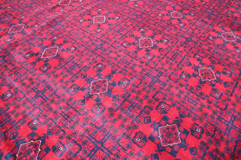 13x20 Ft Extra Large Afghan Bokhara Rug, Turkmen Handmade Wool Rug, Red