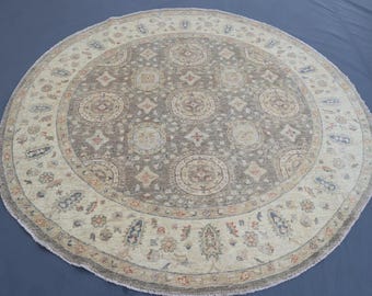 7x7 ft Modern Ziegler Rug, Round Area Rug, Afghan Hand Knotted Veg Dye Wool Floral Round Rug, Living Room Rug, Office Area Rug, Bedroom Rug