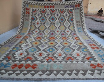 Afghaans Kilim-tapijt van 2,1 x 3 meter - Meerkleurig Turkmeens platgeweven handgemaakt wollen modern Kilim-tapijt - Tapijt voor de slaapkamer - Natuurlijke plantaardige kleurstoffen - Geometrisch Kilim-patroon