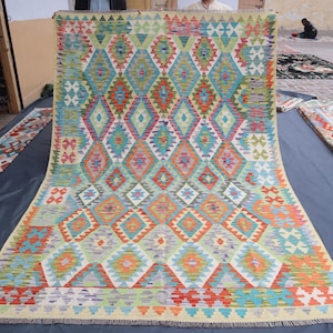 Handmade Afghan Rug 7x10 ft Flatweave Multi Color Geometric design Maimana Kilim Rug, Oriental Large Area Rug, Living Room, Dining Table Rug